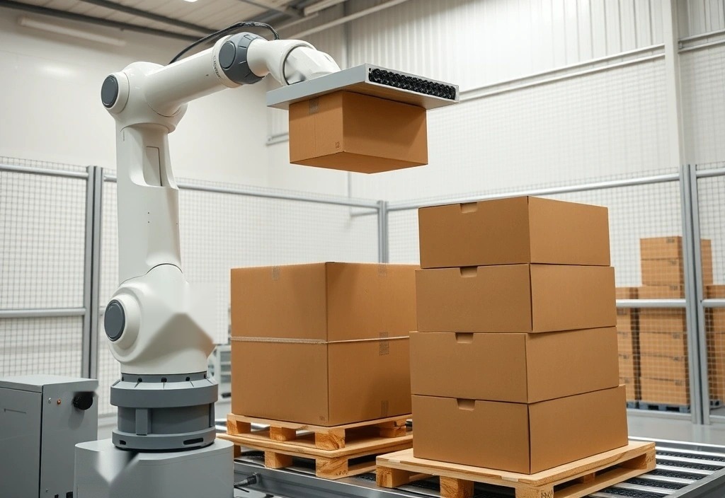 Illustration: collaborative robot on a lifting column with a flat vacuum gripper placing a carton on a stack, two pallet positions, roller conveyor and control cabinet (computer-generated image)